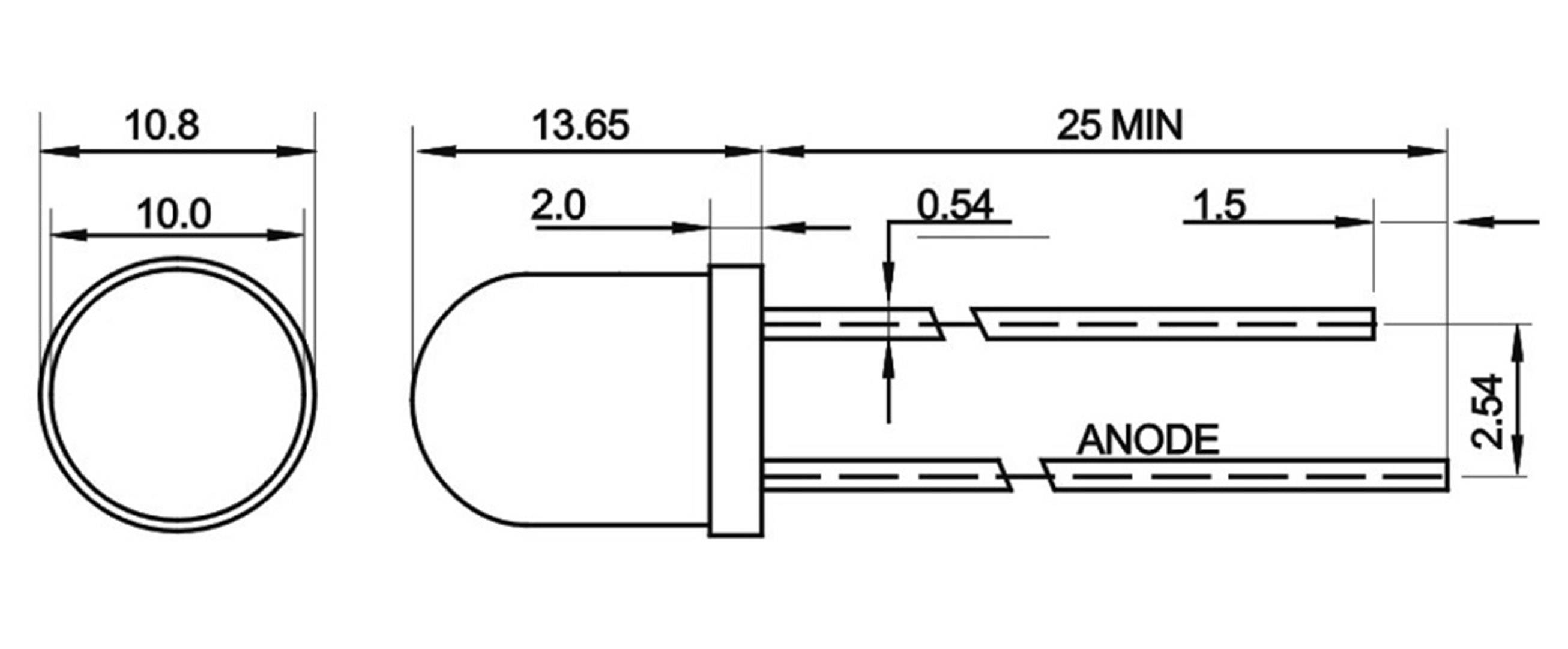 Rysunek techniczny obudowy diody LED z wymiarami: szerokość 10,8 mm, długość 13,65 mm, całkowita długość 25 mm, z oznaczeniem anody.