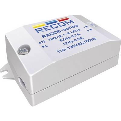 Prostokątne, białe urządzenie elektroniczne z śrubami po bokach. Na górnej powierzchni widnieje napis 'RECOM RACD6-series', przeznaczone dla 6 diod LED, zakres zasilania 110-120V AC, 60Hz.