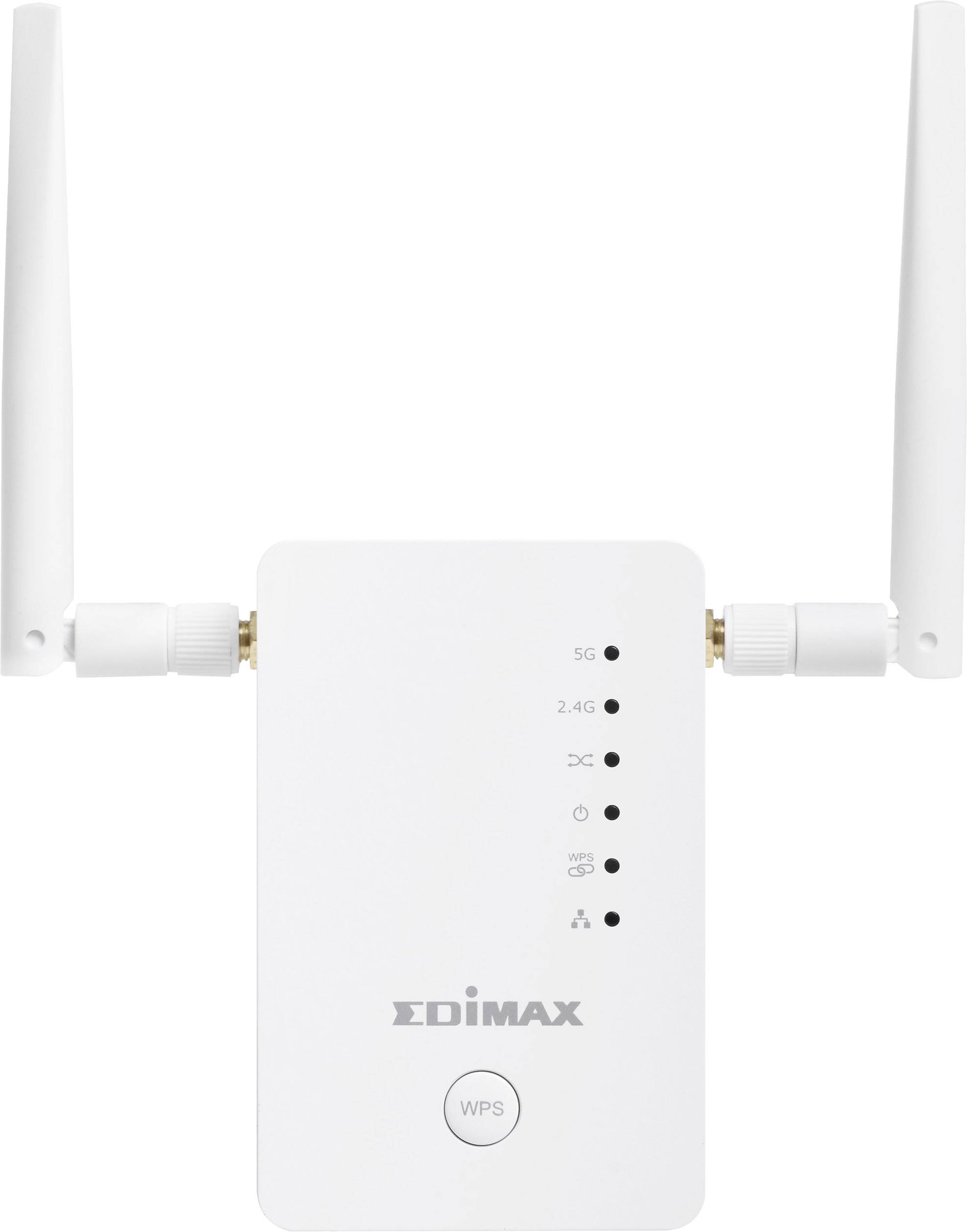 Wzmacniacz WLAN z dwiema antenami, wyświetlający wskaźniki LED dla 5G, 2,4G i statusu WPS. Oznaczenie: 'Edimax'.