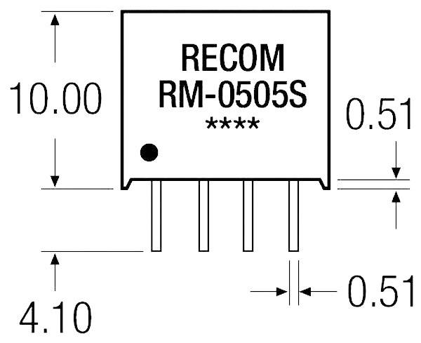 Schemat elektronicznego elementu z etykietą 'RECOM RM-0505S'. Podane wymiary: 10,00 x 4,10 oraz odstępy 0,51.