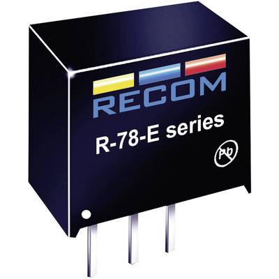 Regulator napięcia serii RECOM R-78-E z trzema pinami, w czarnej obudowie z wielokolorowym logo na przedniej stronie.