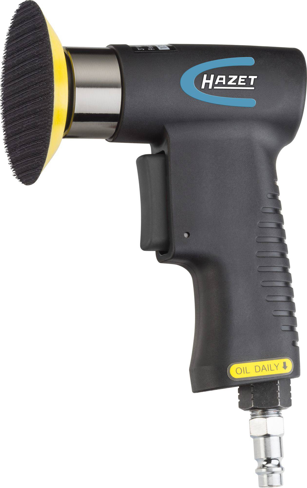 Pneumatyczna maszyna polerska w kolorze czarnym z ergonomicznym uchwytem i żółtą tarczą polerską, marki 'Hazet'. Odpowiednia do prac samochodowych.