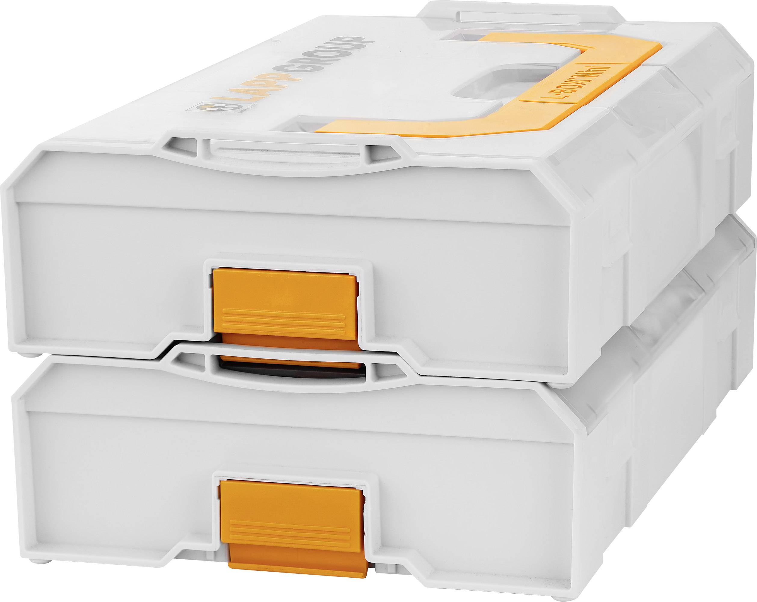 Dwie sztaplowane, białe plastikowe skrzynki z pomarańczowymi zamknięciami, nadające się do przechowywania i organizacji narzędzi.