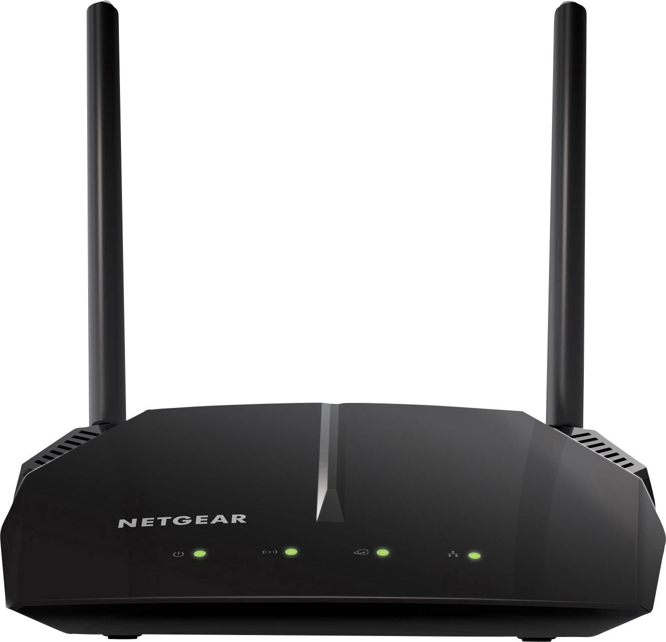 Czarny router Wi-Fi firmy Netgear z dwiema antenami i czterema zielonymi diodami statusowymi.