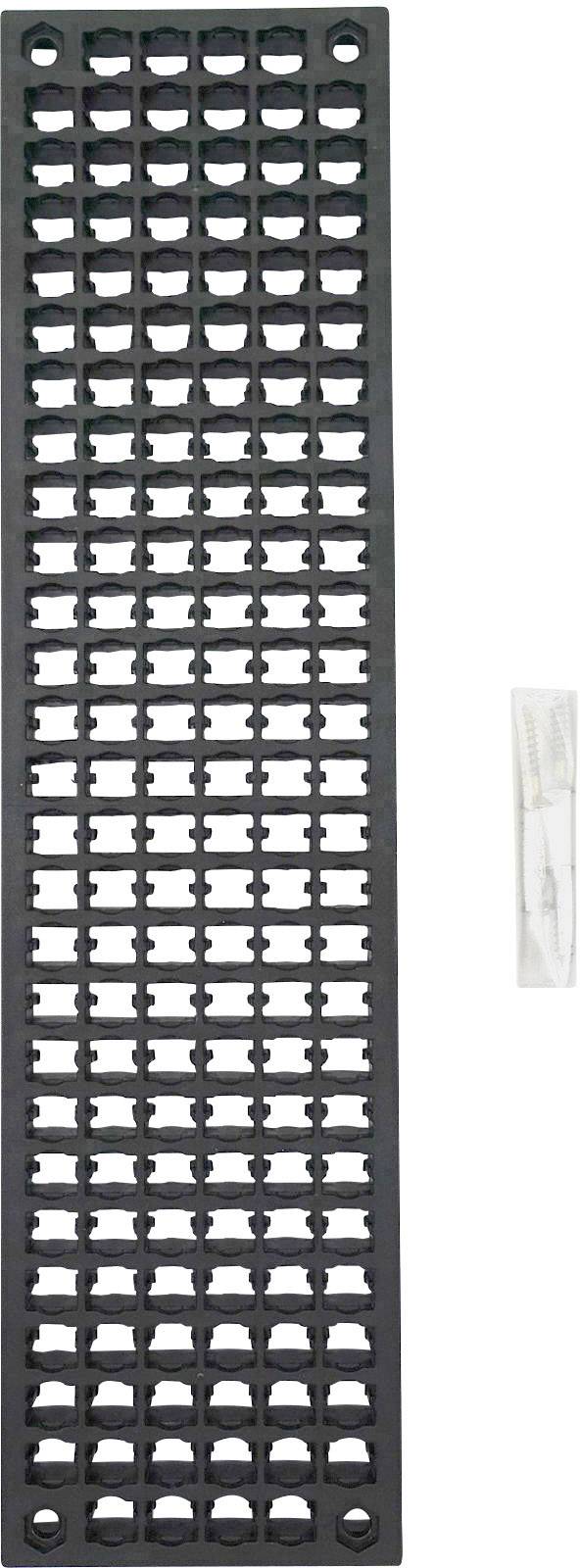 Czarny, prostokątny grzebień z tworzywa sztucznego z wieloma kwadratowymi otworami. Obok niego znajduje się mała szczoteczka w plastikowym woreczku.