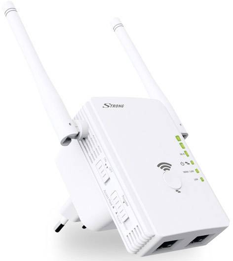 Biały wzmacniacz sygnału Wi-Fi z dwiema antenami i kilkoma zielonymi wskaźnikami świetlnymi. Napis 'STRONG' oraz symbole siły sygnału.