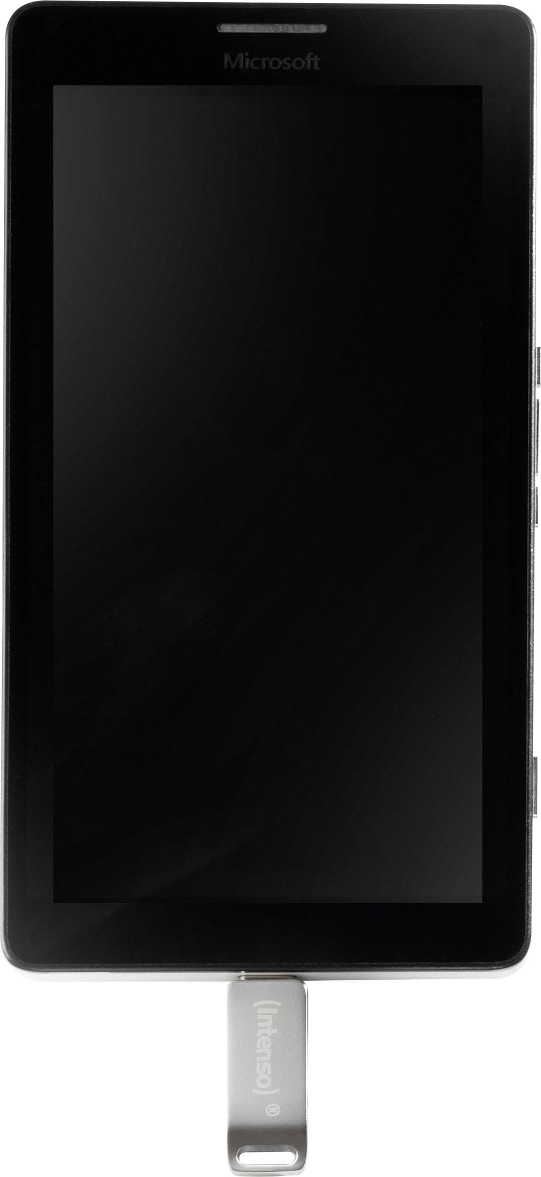 Czarny smartfon Microsoft jest pokazany pionowo, jest wyłączony i podłączony do pendrive'a przez dolne złącze.