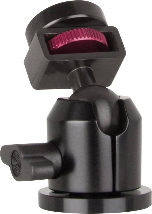 Czarny statyw z głowicą kulową, wyposażony w czerwony pokrętło do regulacji nachylenia, spoczywa na płaskiej podstawie.