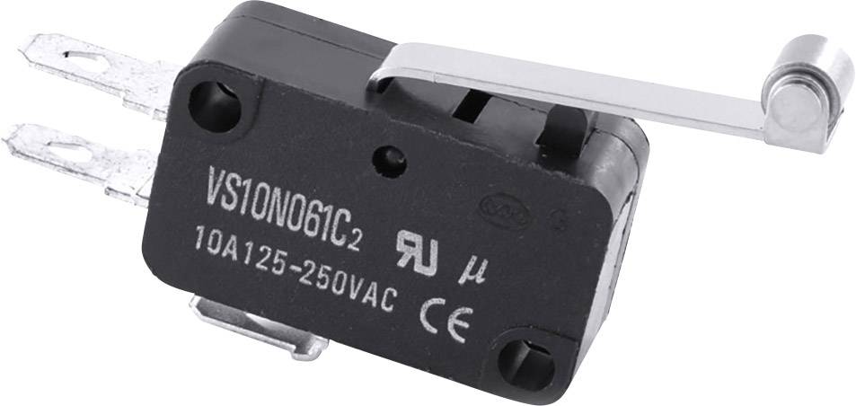 Czarny mikrowyłącznik z metalową dźwignią, na którego obudowie widnieją napisy 'VS10N06IC', '10A125-250VAC', 'RU', 'µ' oraz znak kontrolny CE.