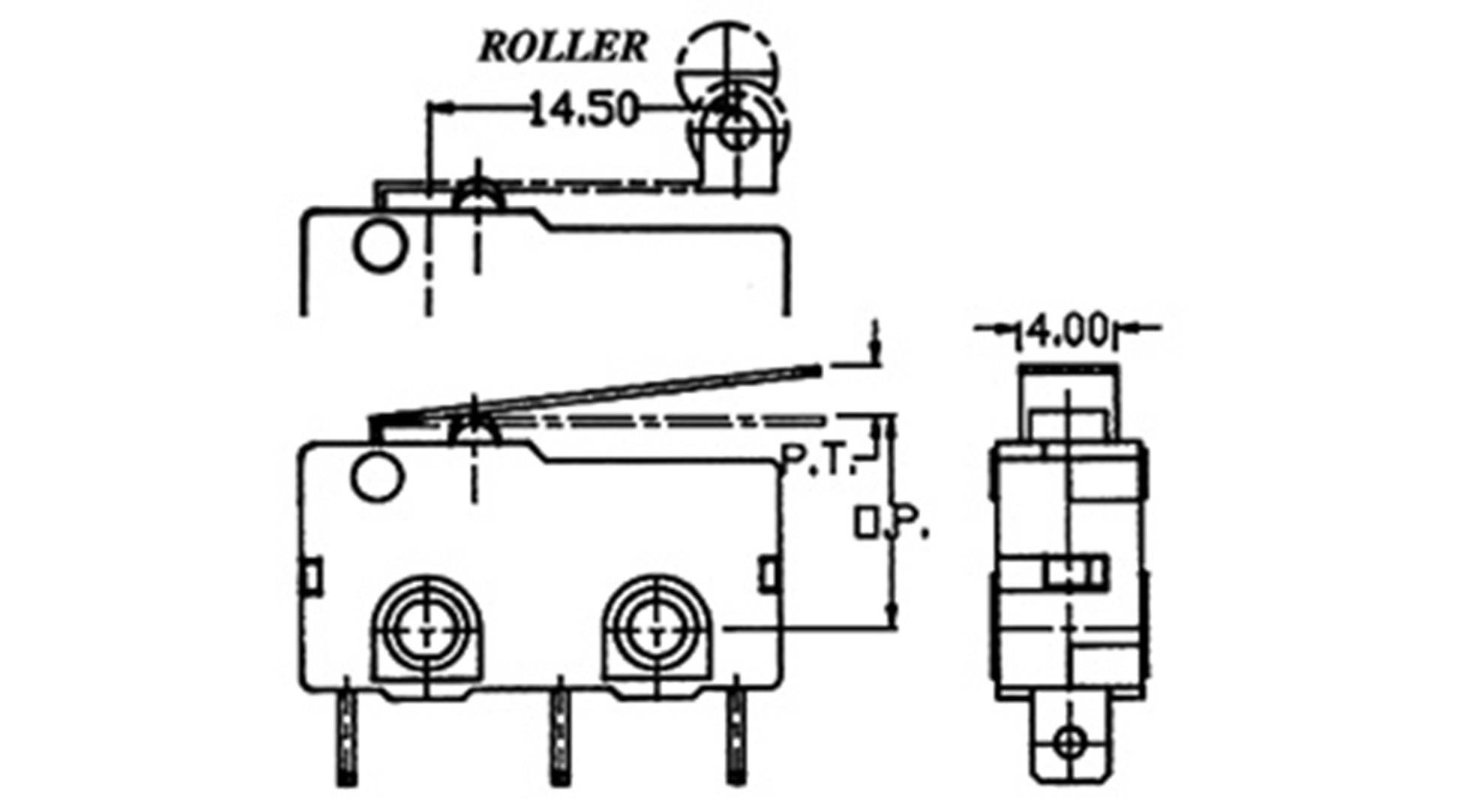 Rysunek techniczny mikrowyłącznika z wymiarami. Przedstawia widok z rolką, widok boczny i czołowy z wymiarami 14,50 i 14,00 mm.