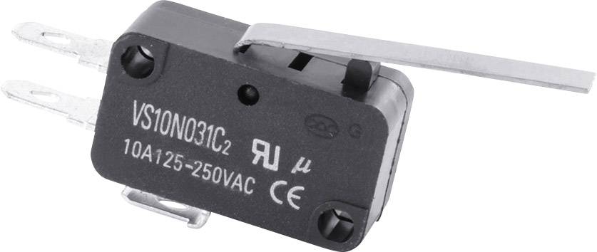 Mikrołącznik z dźwignią, model VS10N03IC2. Oznaczony napisem '10A 125-250VAC' oraz różnymi znakami bezpieczeństwa i jakości.