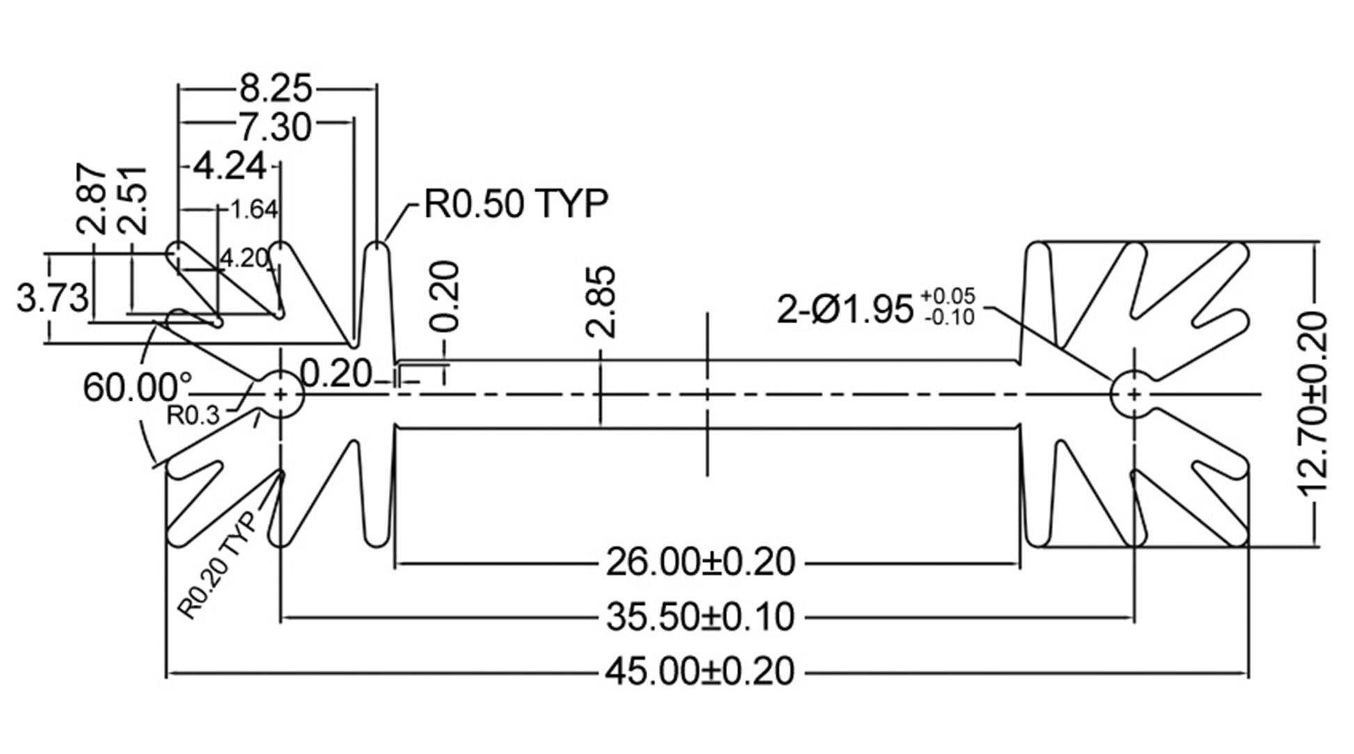 Rysunek techniczny elementu złącznego z wymiarami w milimetrach. Głównymi cechami są centralny cylinder oraz skrzydła na końcach.