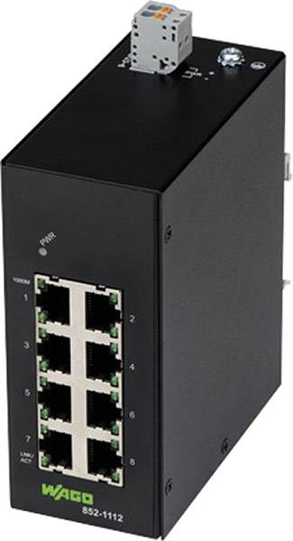 Czarny switch Ethernet z ośmioma portami RJ45. Na górze znajduje się pojedynczy mały wtyk. Po lewej stronie widoczne są diody statusowe.