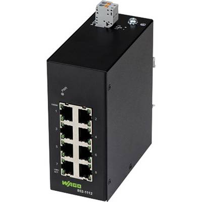 Czarny switch Ethernet z ośmioma portami RJ45. Na górze znajduje się pojedynczy mały wtyk. Po lewej stronie widoczne są diody statusowe.