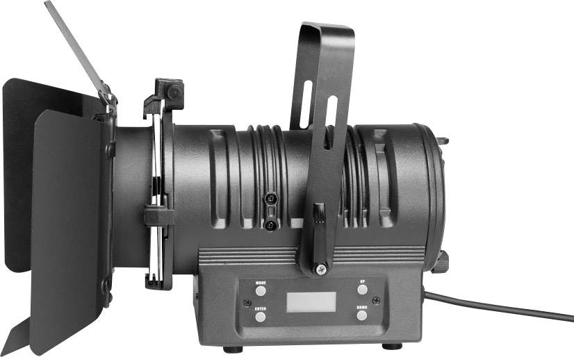 Czarne światło sceniczne z regulowanymi klapami skrzydłowymi i wyświetlaczem cyfrowym, przeznaczone do produkcji teatralnych lub filmowych.