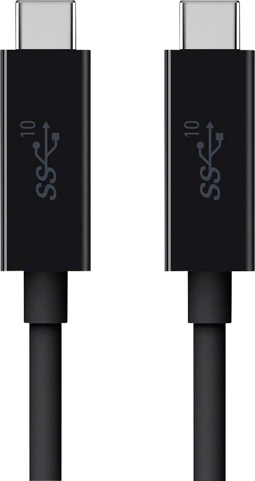 Dwa czarne kable USB-C z logo SuperSpeed-10, przeznaczone do szybkiej transmisji danych między kompatybilnymi urządzeniami.