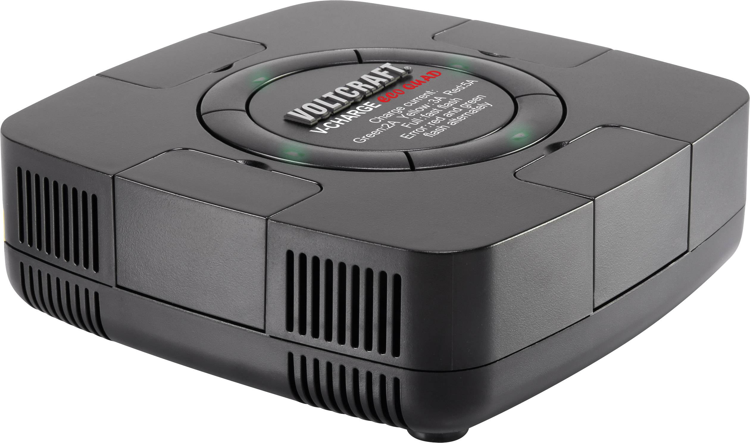 Czarny ładowarka z napisem 'Voltcraft Charge Manager 410'. Po bokach widoczne są szczeliny wentylacyjne.