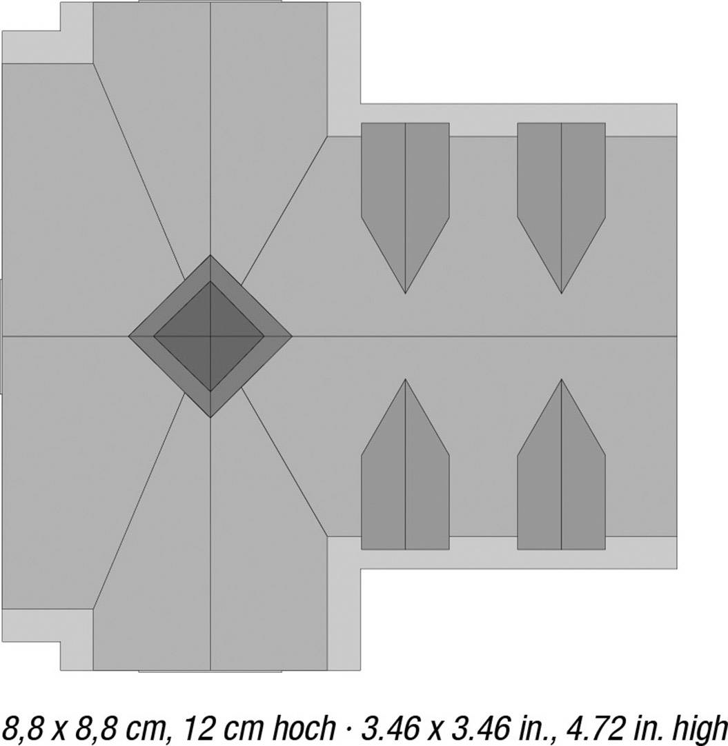 Ilustracja szarego projektu geometrycznego z kwadratowym centrum i symetrycznymi, trójkątnymi elementami w narożnikach.
