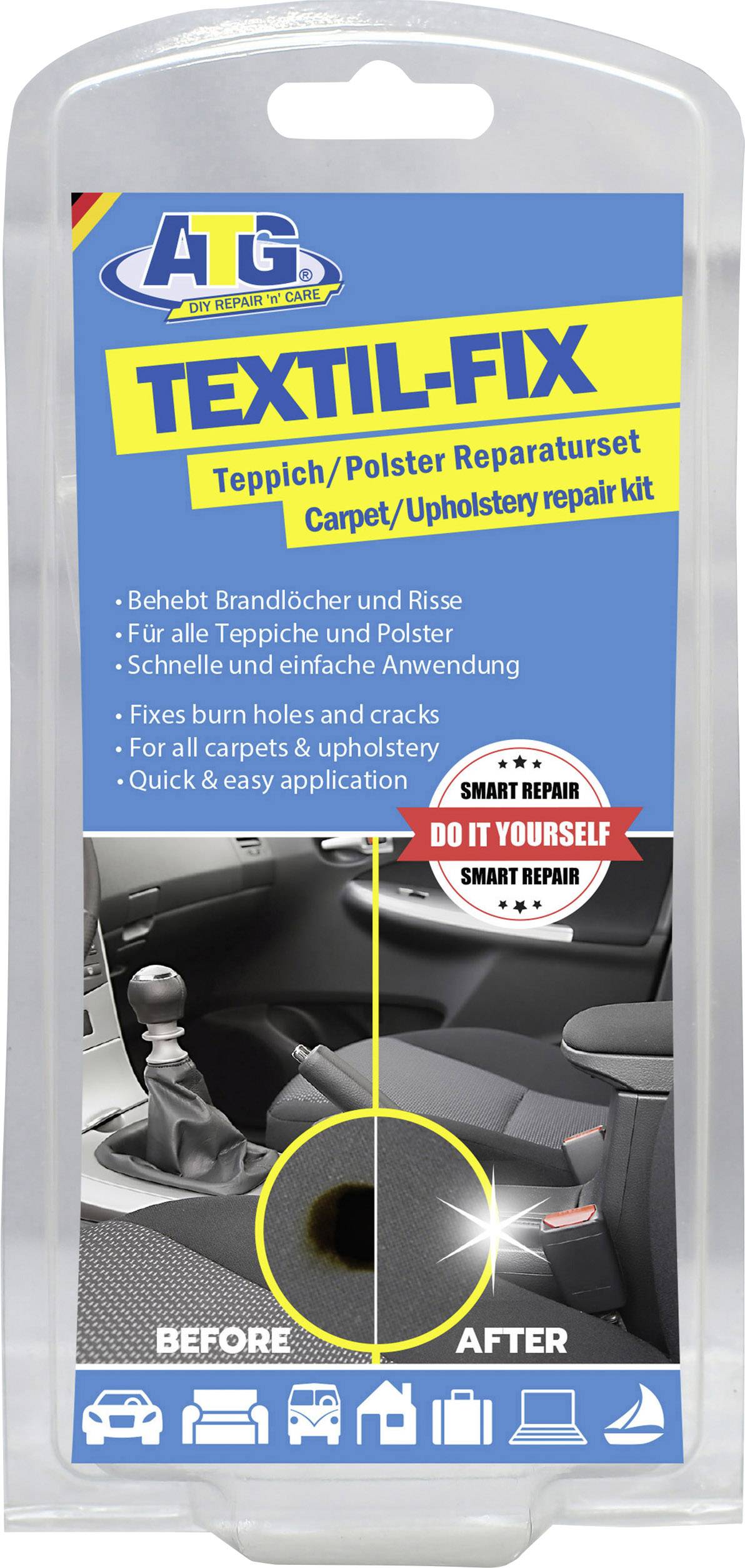 Zestaw naprawczy 'ATG Textil-Fix' do dywanów/tapicerek, naprawia dziury po spaleniu i rozdarcia, umożliwia szybką i łatwą naprawę.