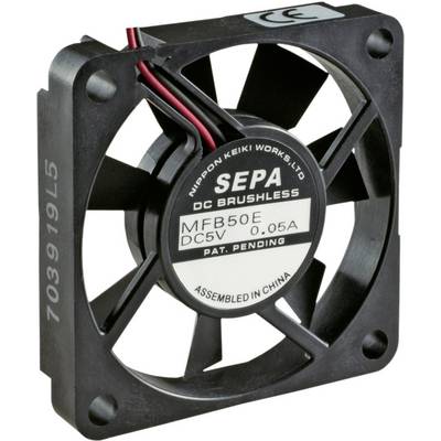 Mały, czarny wentylator z przewodami, z napisem 'SEPA DC Brushless, DC5V 0.05A, Assembled in China'.