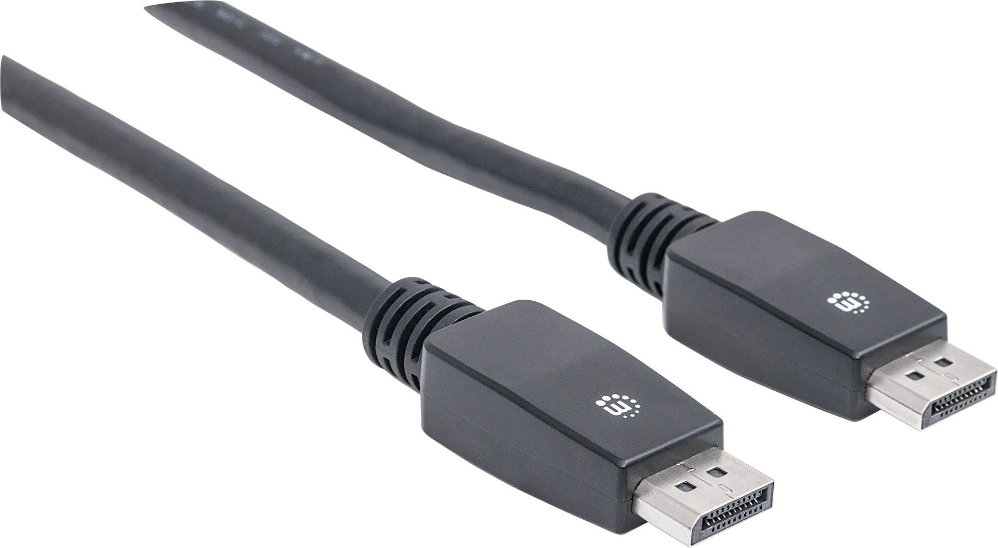 Dwa czarne kable DisplayPort z wtyczkami, odpowiednie do połączeń wideo i audio między komputerem a monitorem lub innymi urządzeniami.