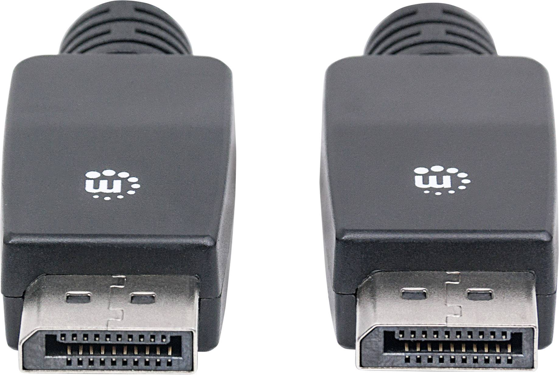 Dwa czarne wtyki DisplayPort obok siebie, na jednym końcu przewodu.