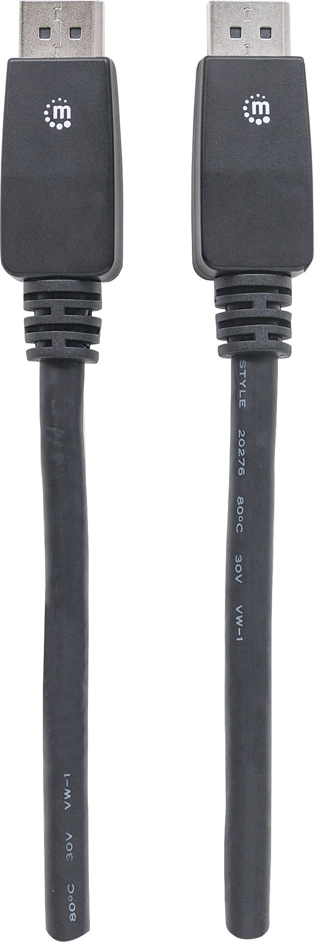 Dwa czarne kable DisplayPort z wtyczkami. Kable ułożone są obok siebie.