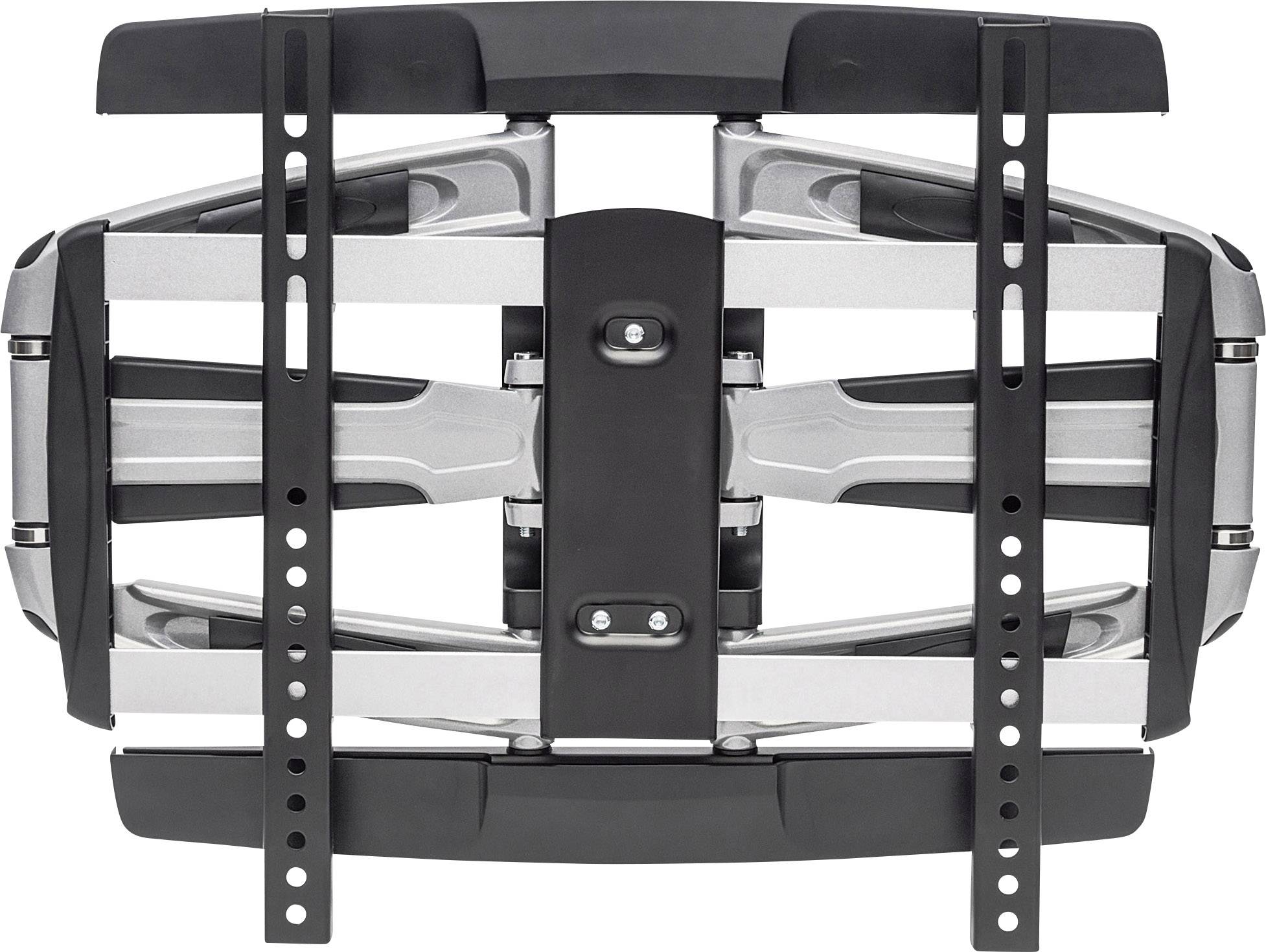 Naścienny system mocujący wykonany z metalu i tworzywa sztucznego, głównie w kolorach czarnym i srebrnym, przeznaczony do zamocowania telewizorów lub monitorów.