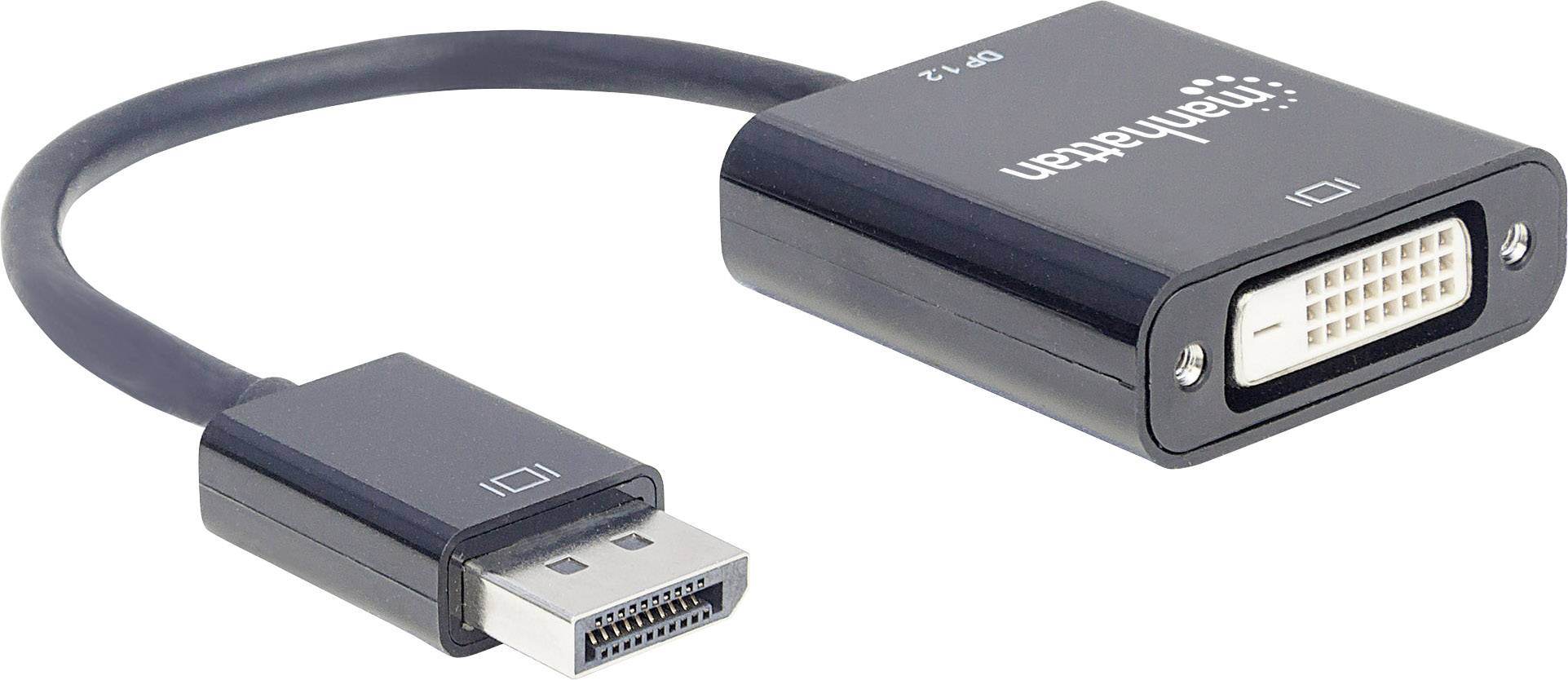 Kabel adapter DisplayPort do DVI, czarna obudowa, łączący urządzenia obsługujące DisplayPort z monitorami lub projektorami zgodnymi z DVI.