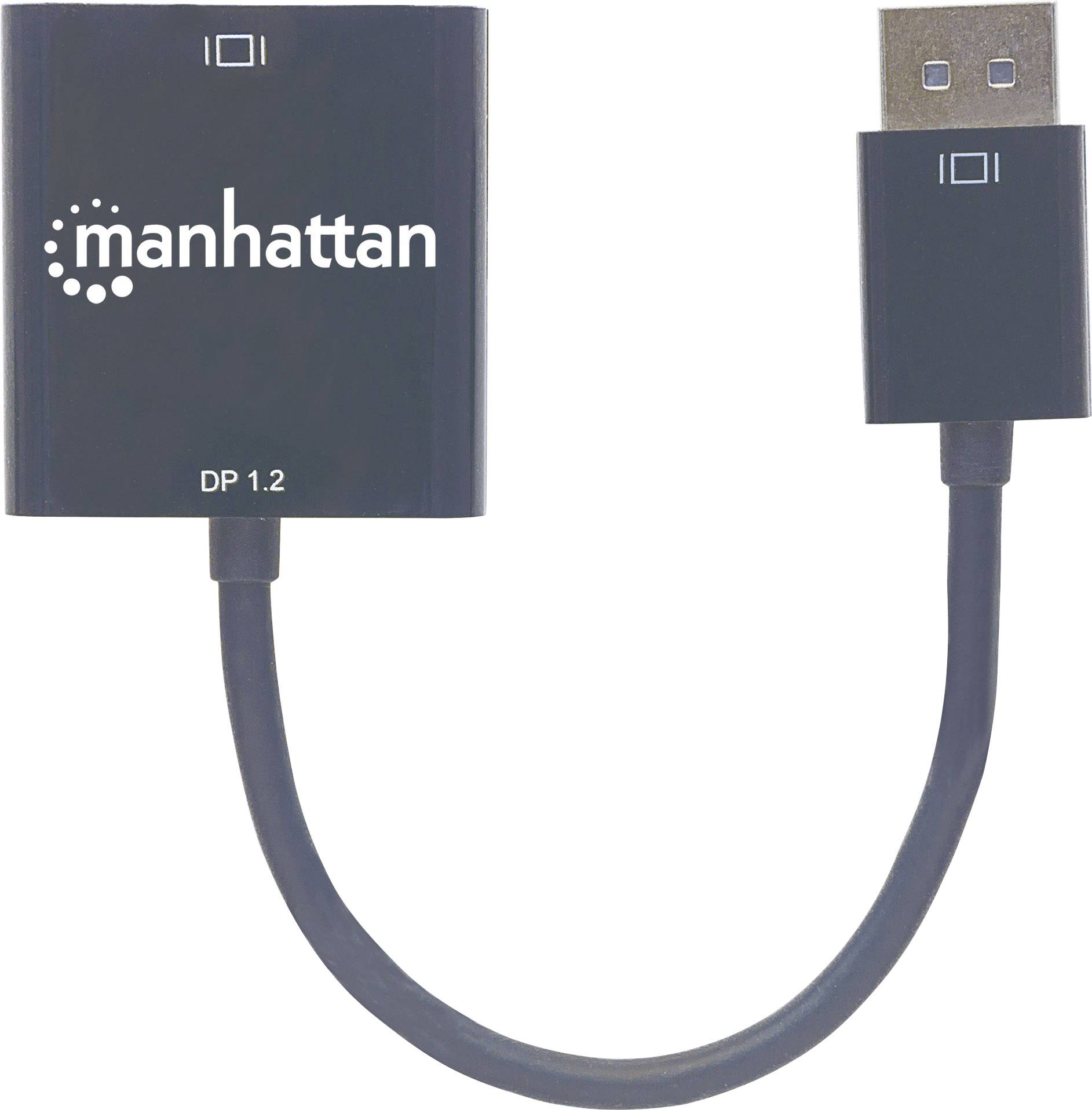 Kabel adaptera Manhattan DP 1.2 z wtyczką DisplayPort po lewej stronie i wtyczką USB po prawej stronie.