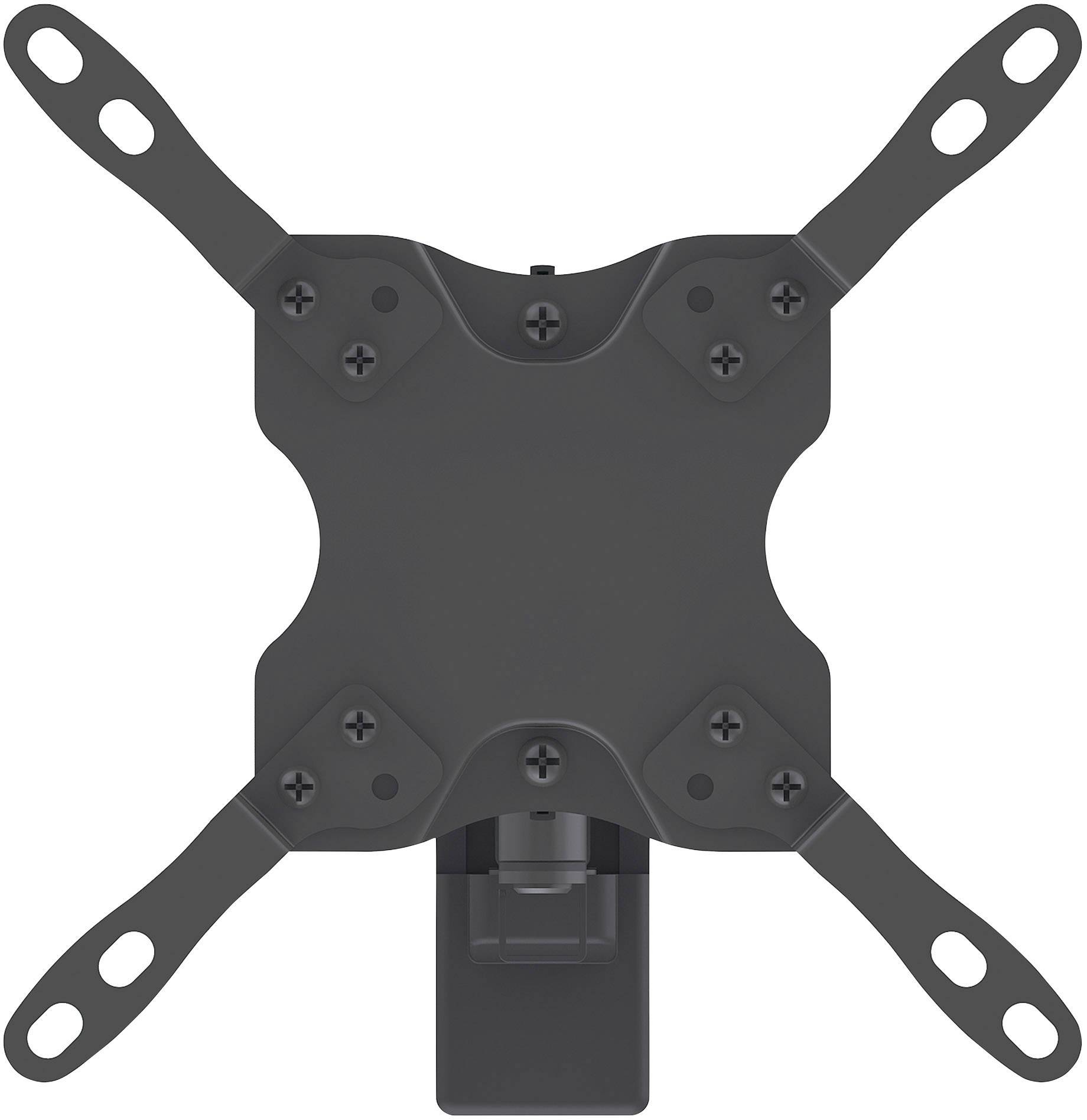 Czarny adapter naścienny z czterema ramionami i śrubami, przeznaczony do mocowania monitorów.