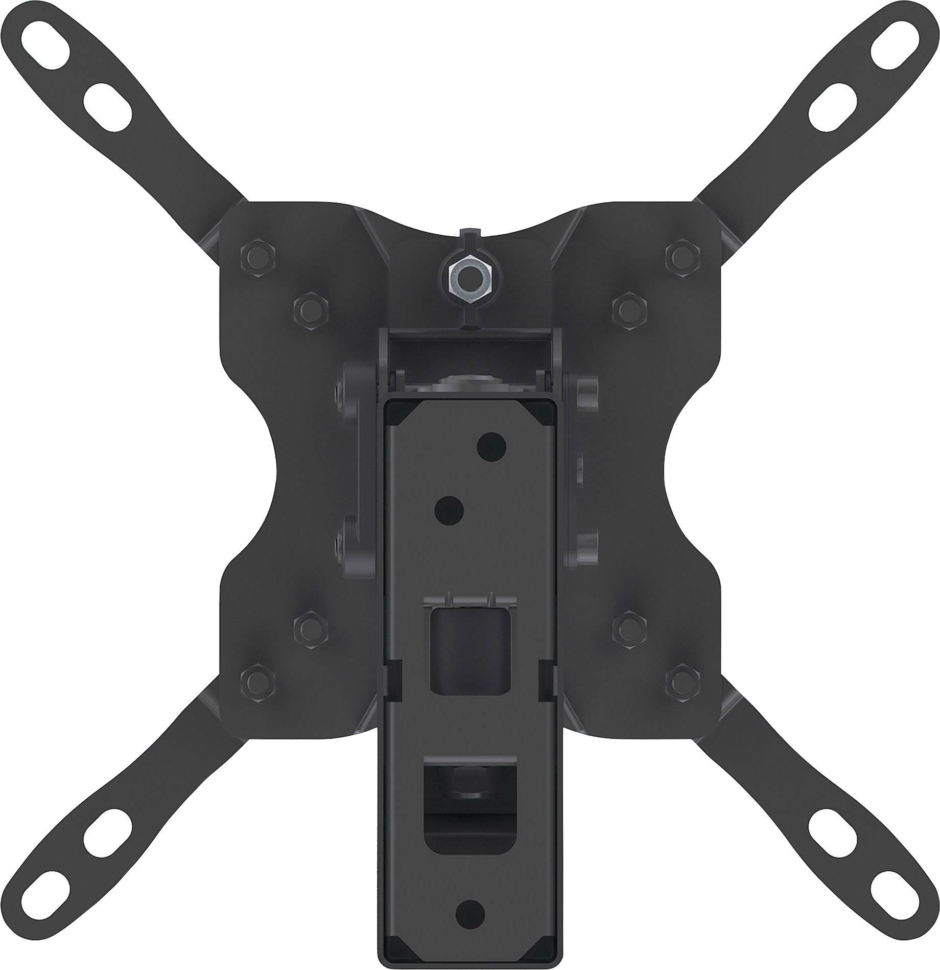 Czarna metalowa ścienna podstawa pod telewizor z czterema regulowanymi ramionami i centralną śrubą mocującą, przeznaczona do płaskich ekranów.