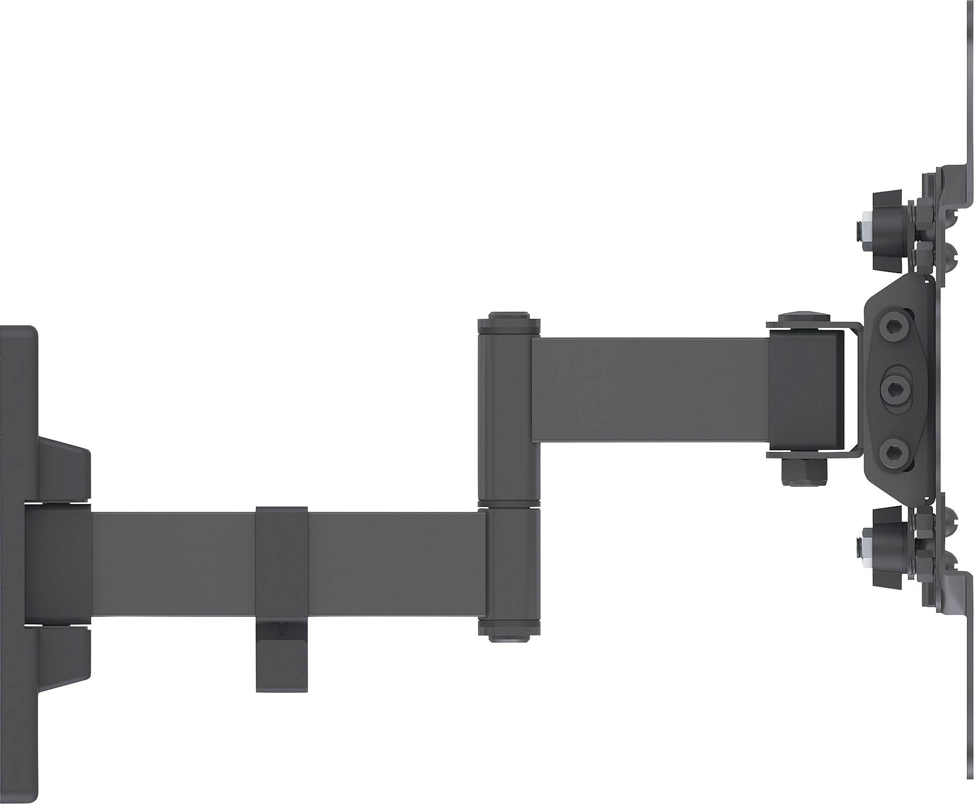 Widok z boku czarnego, ruchomego uchwytu monitora z wieloma przegubami i elementami mocującymi na końcach.