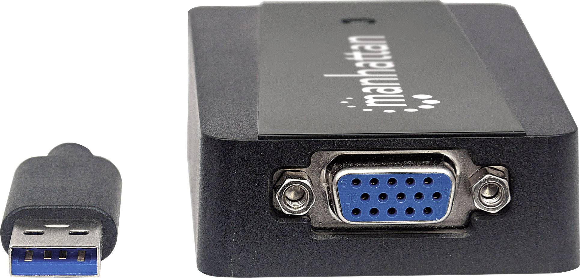 Adapter VGA z złączem USB przedstawia konwerter z USB na interfejs VGA, przydatny do podłączania monitorów lub projektorów.