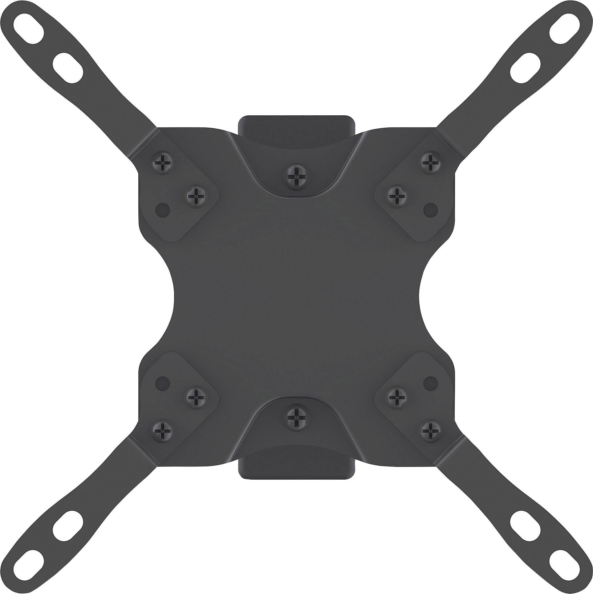 Czarna podstawka do monitora w kształcie krzyża, dopasowana do otworów montażowych. Odpowiednia do mocowania ekranów na ścianach.