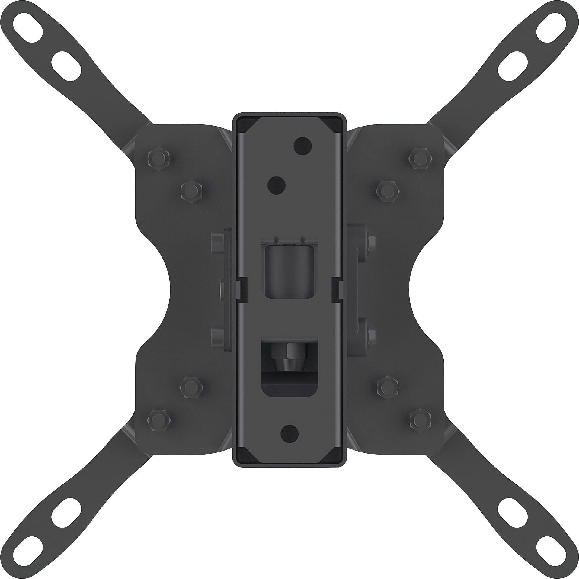 Czarna, regulowana ścienna podstawa pod telewizor z czterema ramionami mocującymi, odpowiednia dla małych i średnich ekranów płaskich.