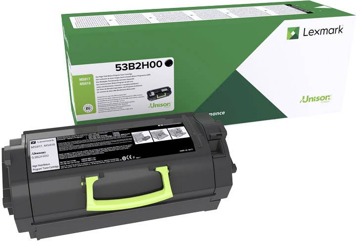 Ten wkład do drukarki Lexmark o numerze modelu 53B2H00 w kolorze czarnym, o wysokiej wydajności, jest przedstawiony obok swojego opakowania.