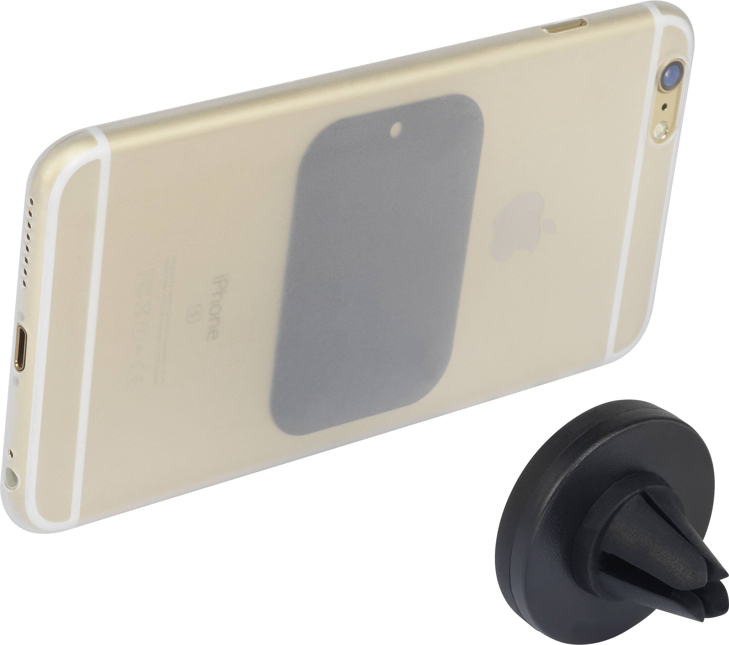 Złoty smartfon z czarną płytką magnetyczną z tyłu, obok czarny magnetyczny uchwyt samochodowy do nawiewu, ustawiony ukośnie.