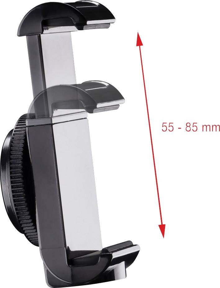 Uchwyt do telefonu, czarny, regulowany od 55 do 85 mm, widok z boku. Idealny do mocowania na kratkach nawiewu w samochodzie.