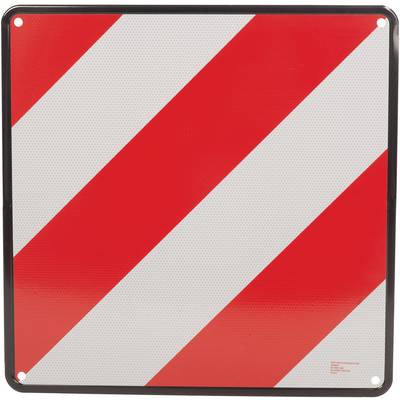 Kwadratowa tablica z ukośnie biegnącymi czerwonymi i białymi pasami sygnalizuje ostrzeżenie lub przeszkodę w strefie ruchu drogowego.