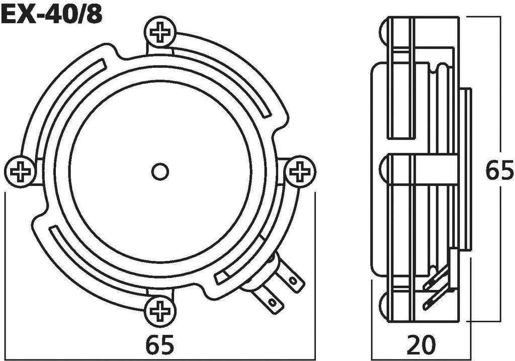 Rysunek techniczny okrągłego głośnika, model 'EX-40/8', z wymiarami: średnica 65 mm, wysokość 20 mm. Widoczne pozycje śrub i złącza.
