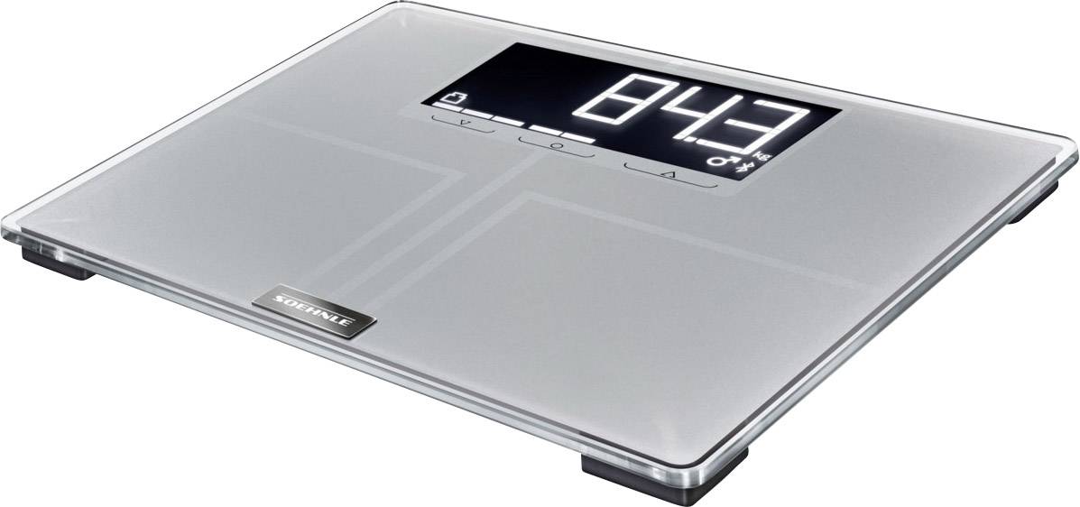 Cyfrowa waga osobowa z dużym, czytelnym wyświetlaczem wskazującym wagę '84,3 kg'. Nowoczesny, smukły design.