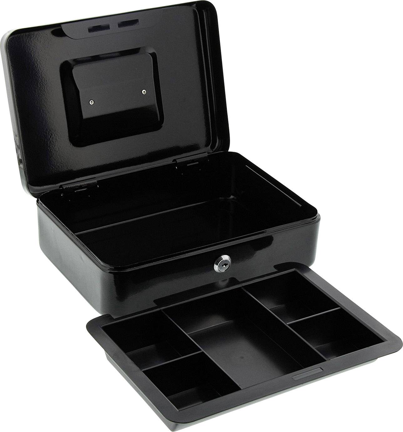 Czarna metalowa kasetka z otwartą pokrywą i wyjmowaną wkładką, idealna do bezpiecznego przechowywania gotówki lub cennych przedmiotów.