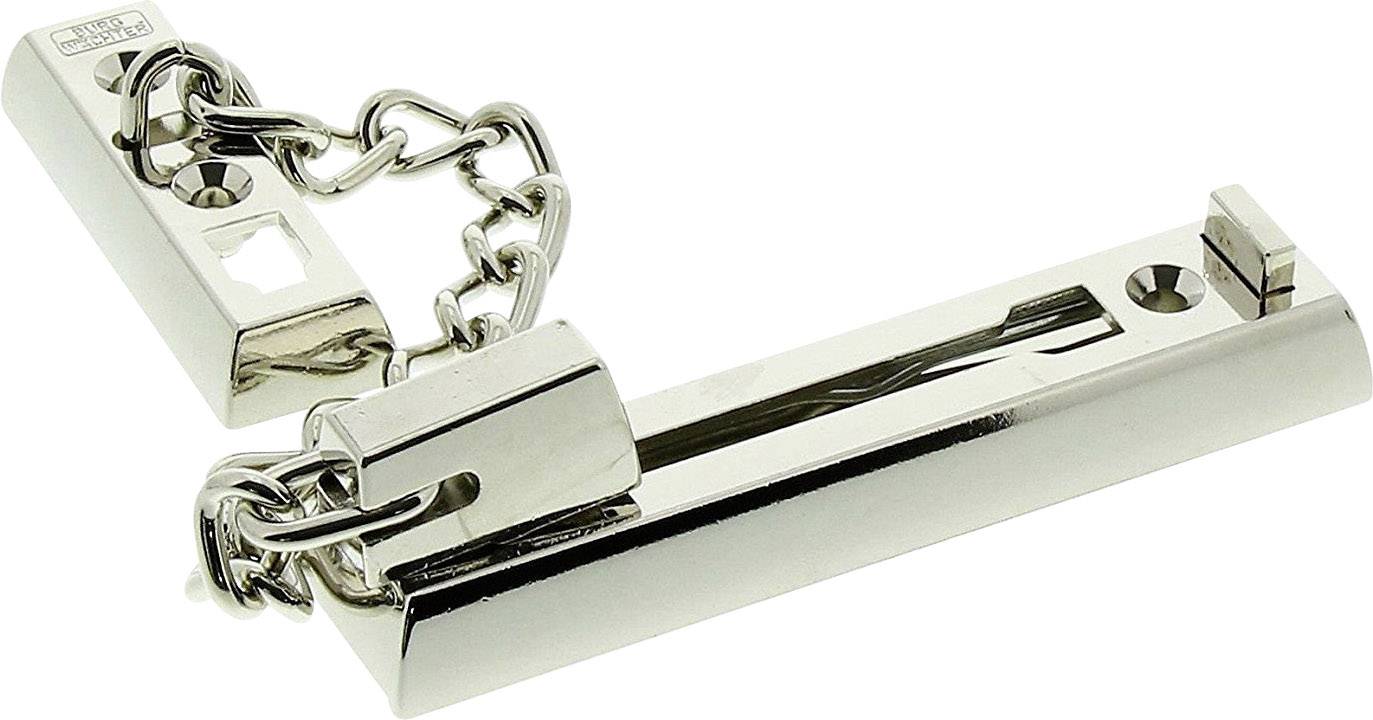 Metalowy łańcuch zabezpieczający do drzwi, składający się z wytrzymałego połączenia łańcuchowego z dwoma płytkami mocującymi.