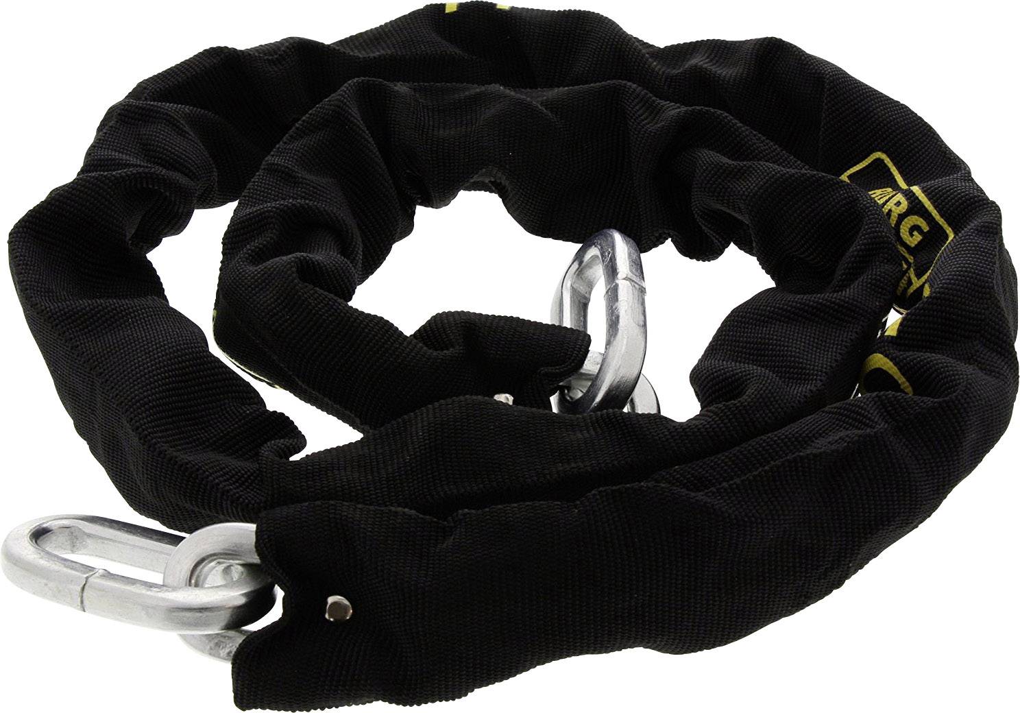 Czarna łańcuch pancerny z tekstylną powłoką powierzchniowej i dwoma srebrnymi hakami metalowymi na końcach.