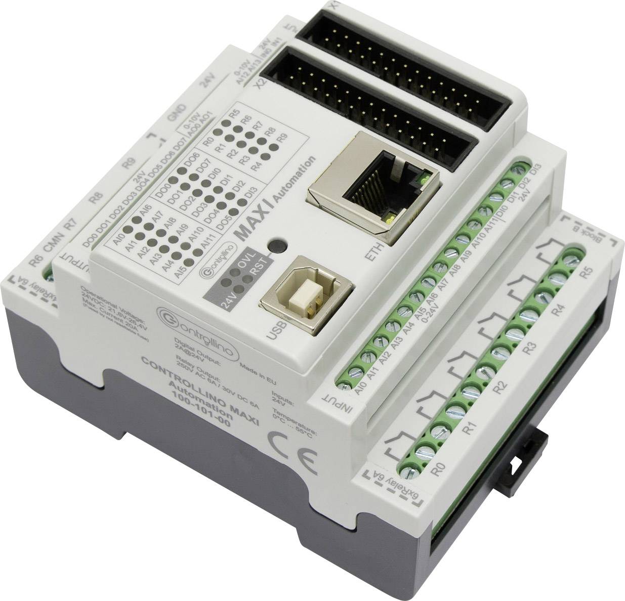 Programowalny kontroler automatyzacji z wieloma portami, w tym portami USB i Ethernet. Model: "Contrive SR-NETRO-MAXI".