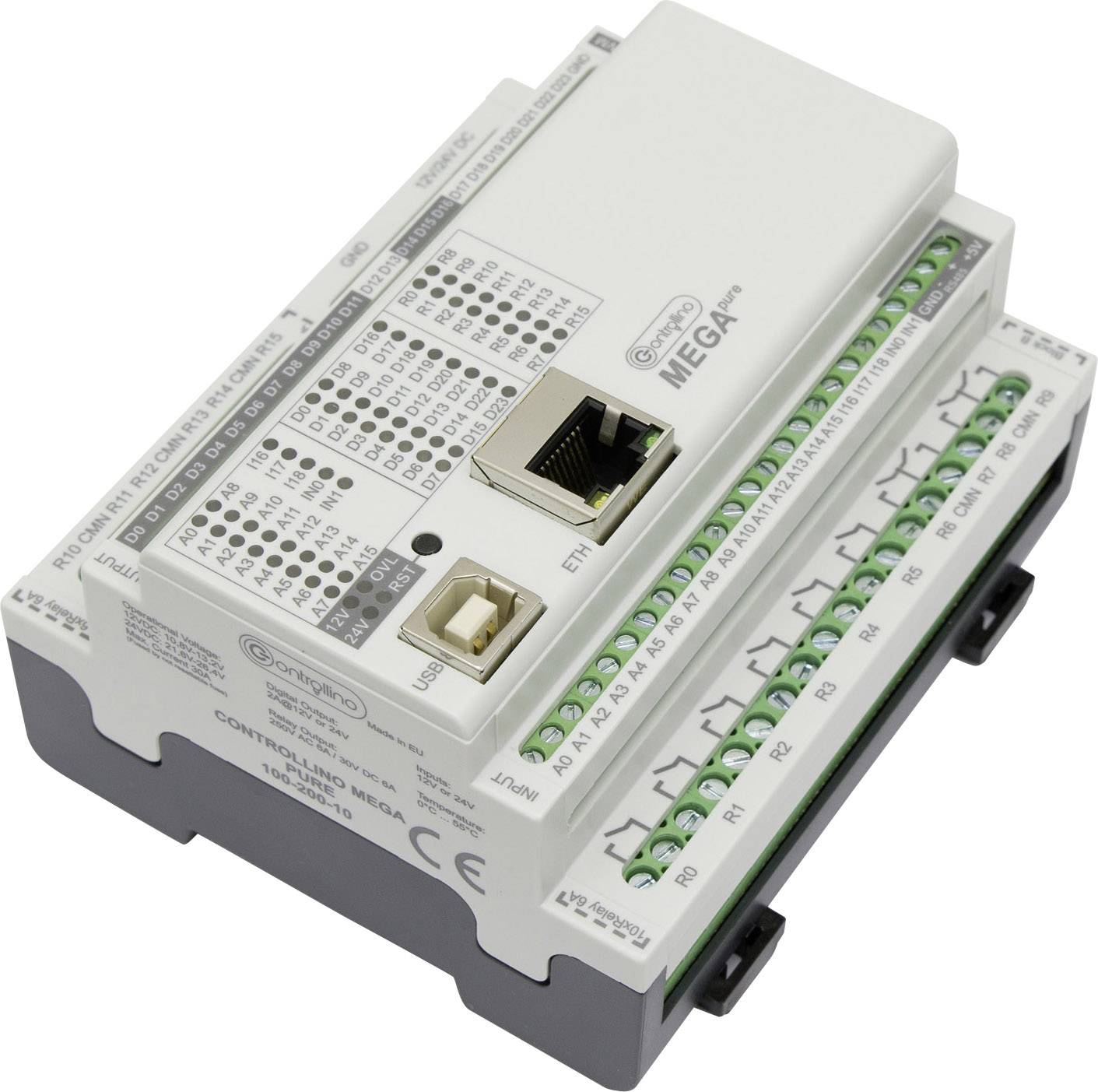 Elektroniczny moduł sterujący z interfejsem Ethernet i kilkoma zielonymi złączami po prawej stronie.