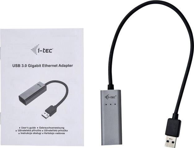 Szary adapter USB 3.0 Gigabit Ethernet obok instrukcji obsługi. Oba elementy prezentują logo i-tec.
