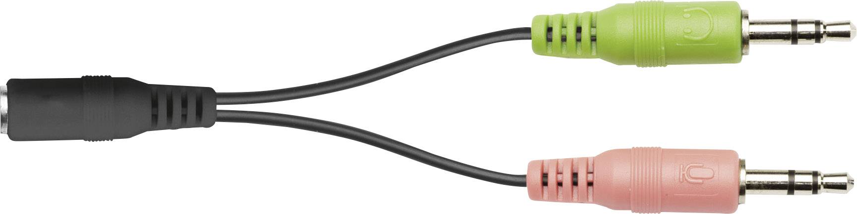 Podwójny adapter audio z czarnym gniazdem i dwoma kolorowymi wtykami - jednym zielonym i drugim różowym, przeznaczony do połączeń dźwiękowych.