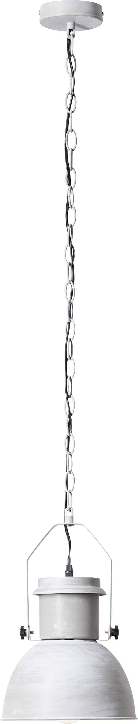 Lampa wisząca z metalowym kloszem, przewodem łańcuchowym i okrągłą rozetą sufitową, w stylu industrialnym, w kolorze szarym.